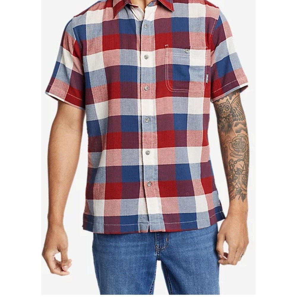 Eddie Bauer Flannel Shirt Men 3XL Blue Red Plaid Cotton Button Up Big And Tall